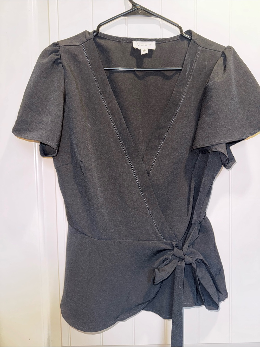 meraki Black Wrap Blouse with Short Flutter Sleeves